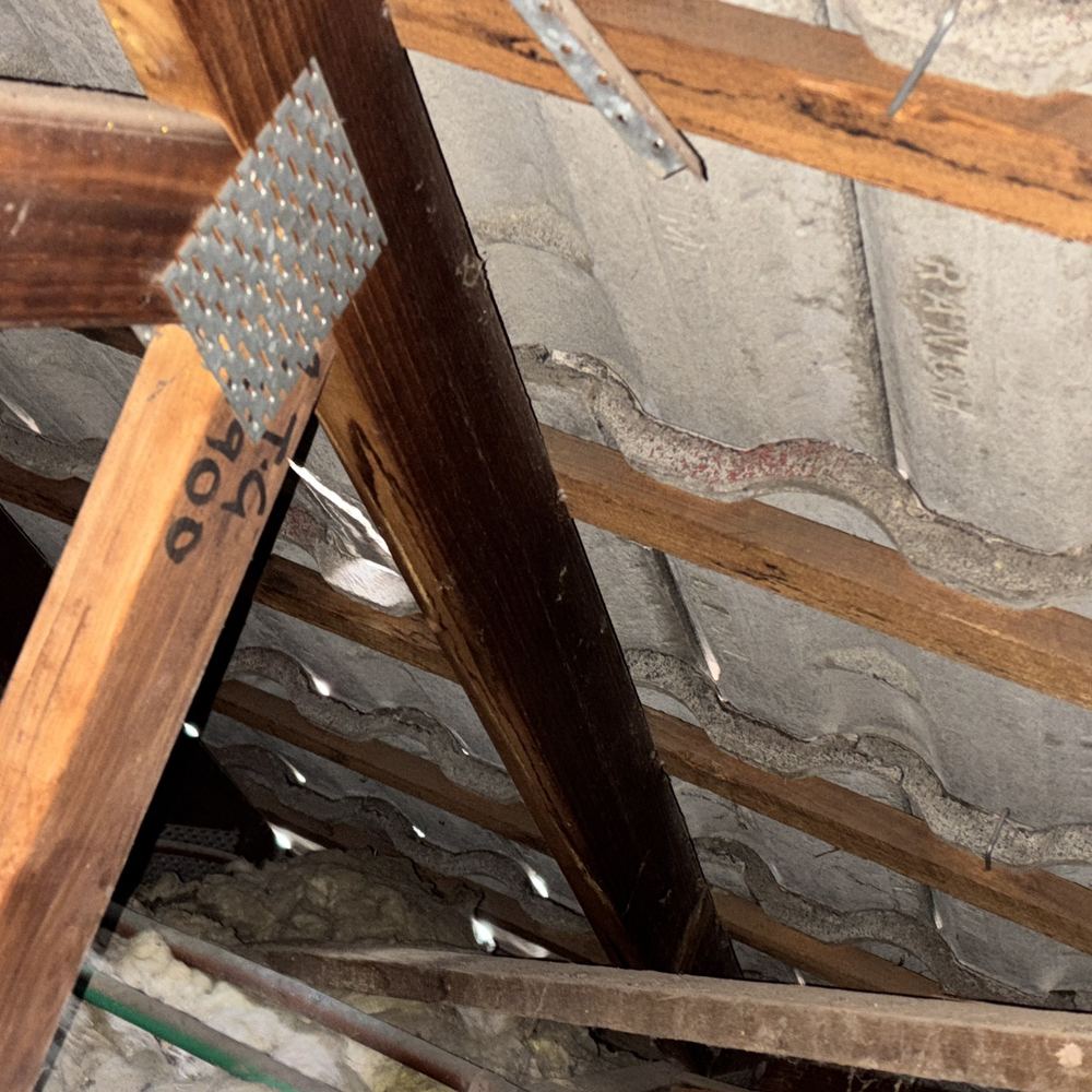Broken roof tile seen from inside the roof space, found during a pre-purchase inspection in Braybrook